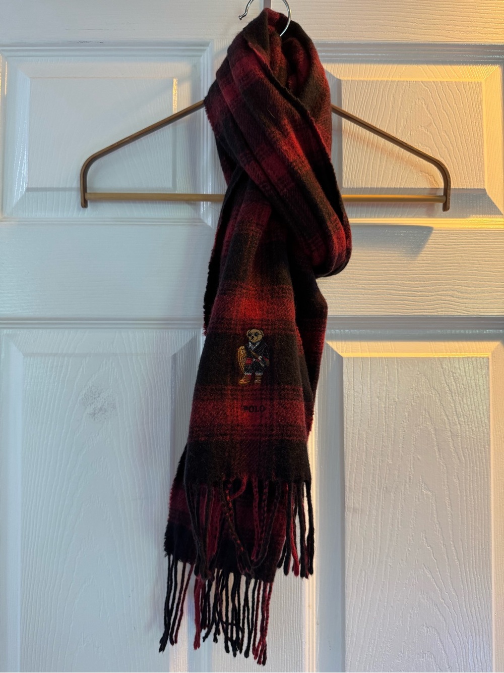 Ralph Lauren Plaid Bear Embroidered Wool-Blend Scarf in Red and Black